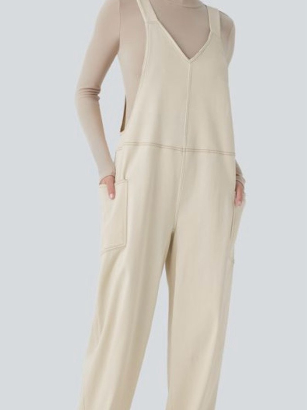HALARA Cream V-Neck Utility Jumpsuit